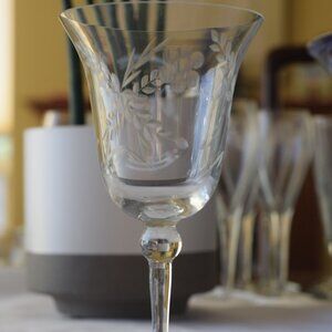 Vintage Wine Goblets, Etched Wheat Grass & Berries Pattern, 8" Tall, Set of 2